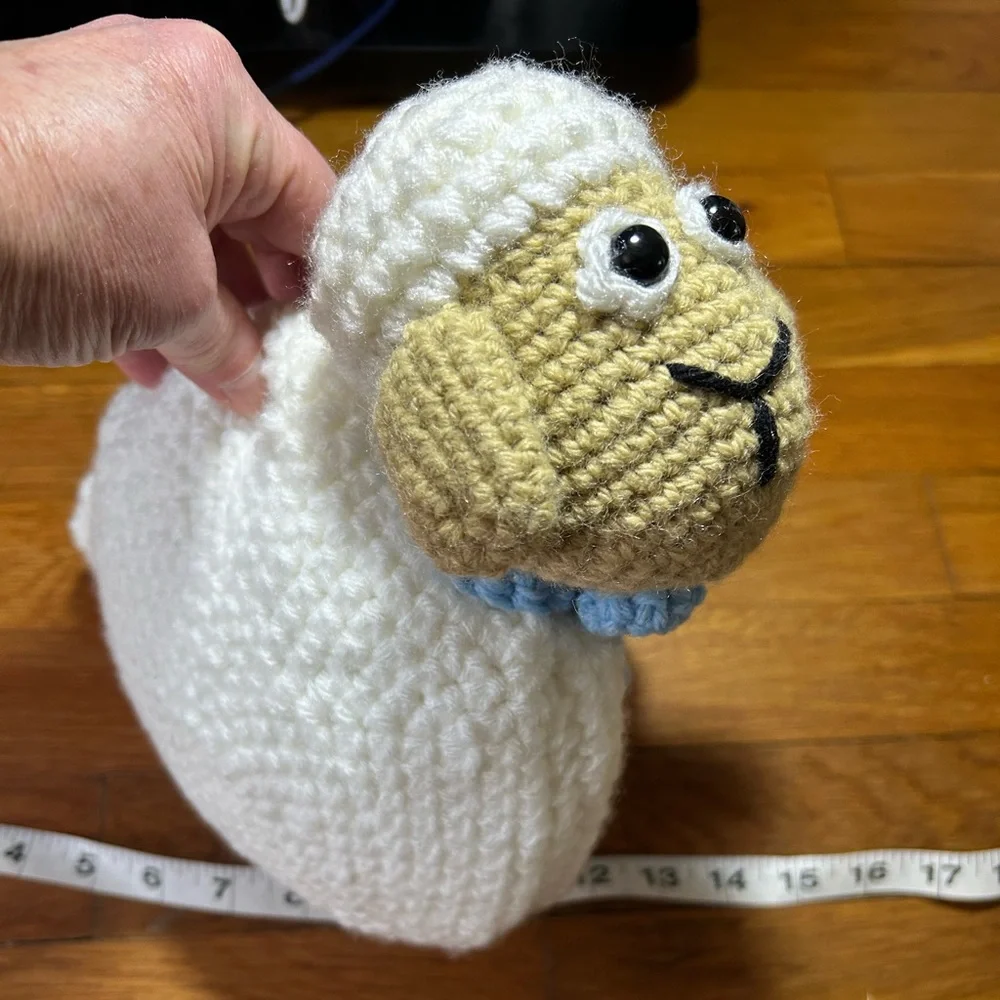 New Hand Crochet White and Tan Fluffy Sheep Pillow